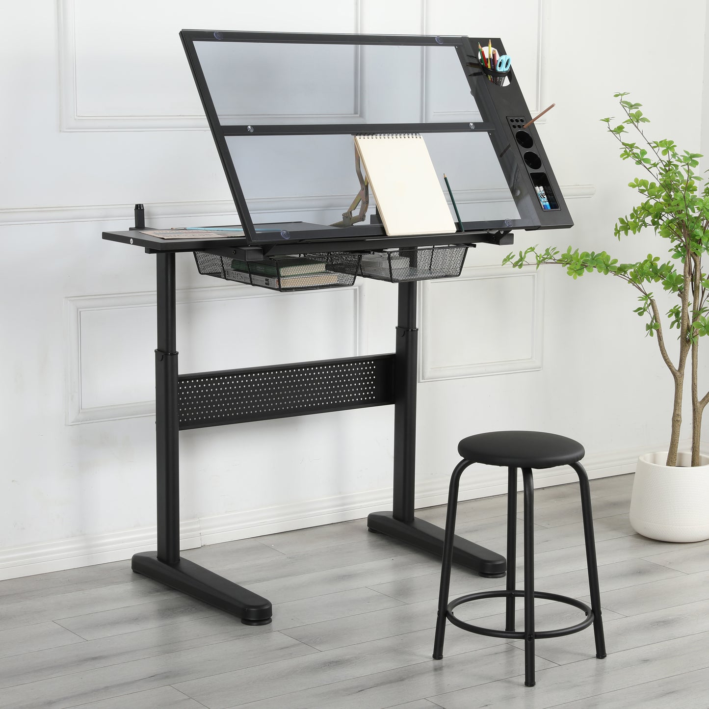 Versatile Hand-Crank Drafting Desk with Stool and Storage