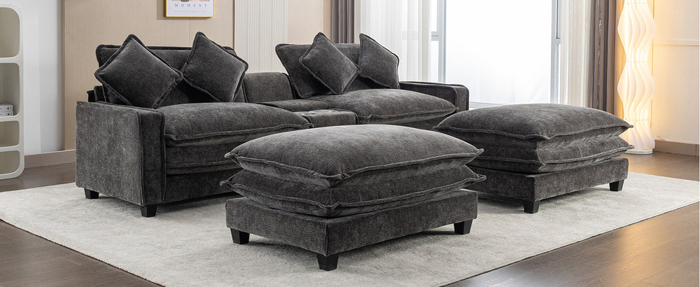 Cozy Black Chenille Sectional Sofa with Ottomans and USB Ports