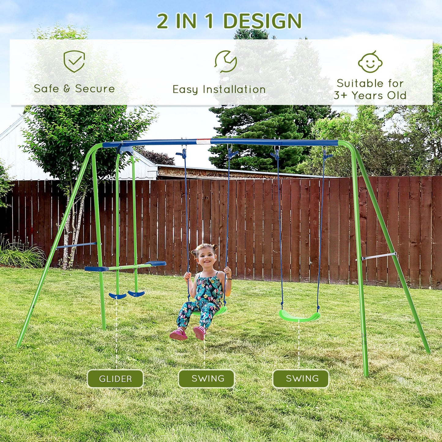 Backyard Bliss Metal Swing Set with Glider