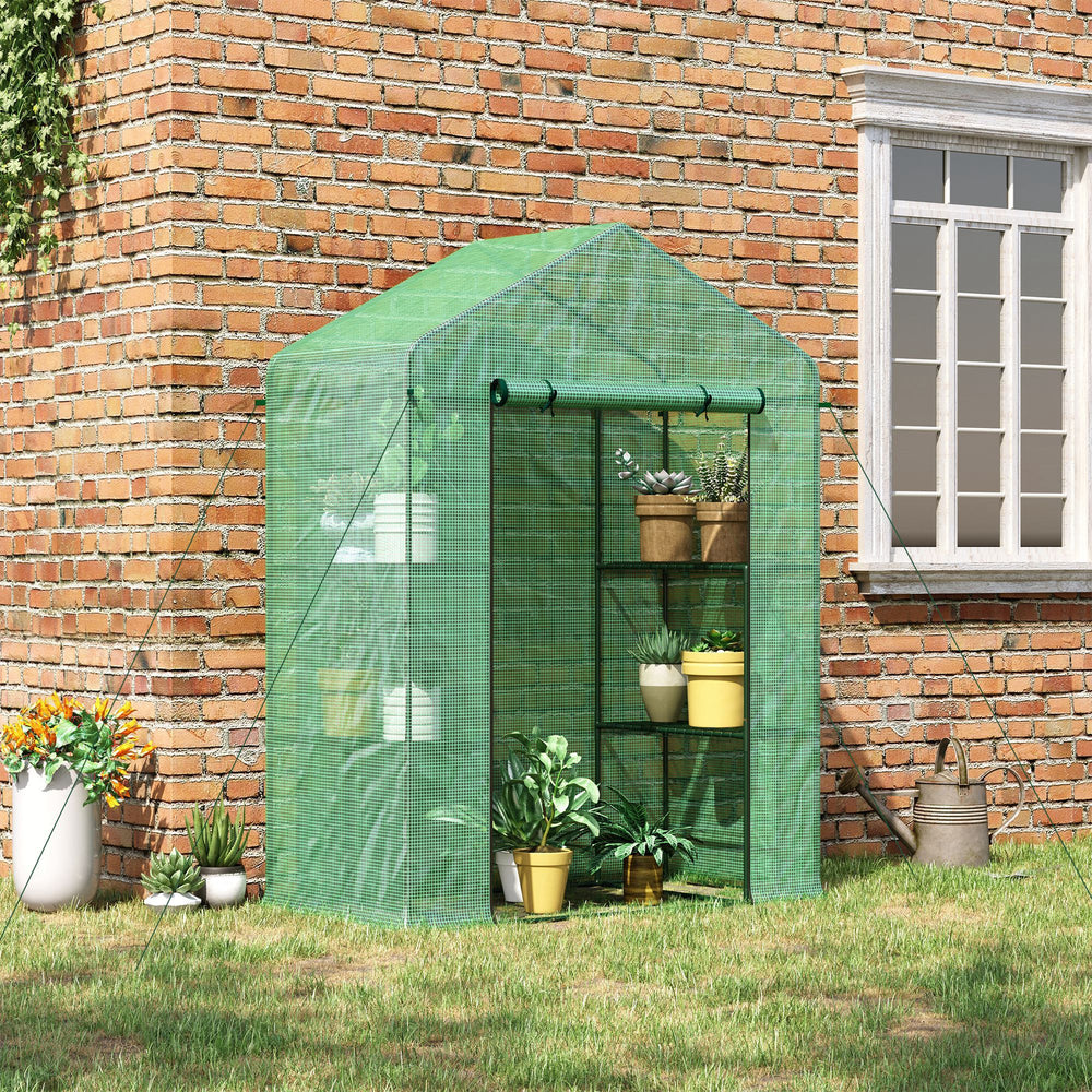 Outsunny Portable Mini Greenhouse with Shelves and Roll-Up Door