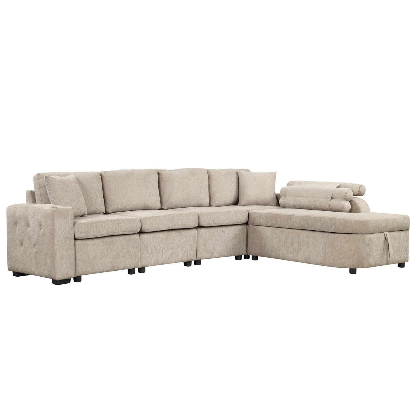 Cozy L-Shaped Sofa with Storage, Cup Holders, and USB Ports - Beige