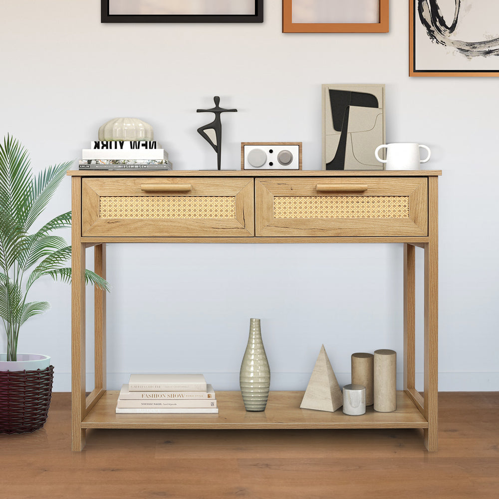 Chic Rattan Console Table with Storage