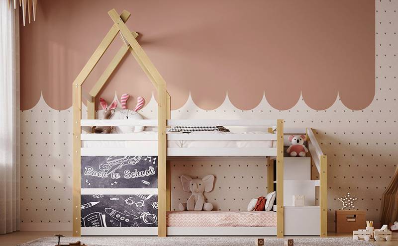 Cozy Twin House Bunk Bed with Storage Steps & 2 Fun Blackboards