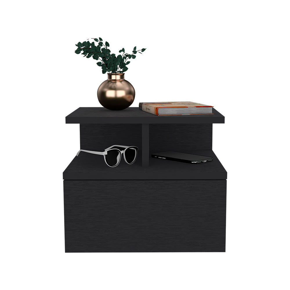 Sleek Black Floating Nightstand with Drawer