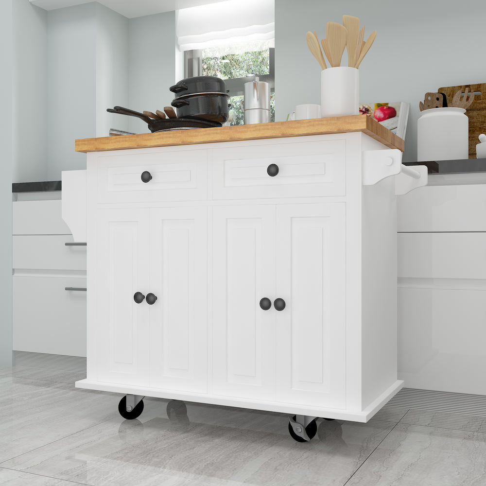 Versatile White Kitchen Island Cart with Storage & Locking Wheels