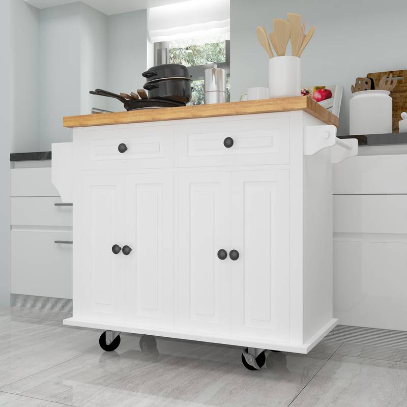Versatile White Kitchen Island Cart with Storage & Locking Wheels