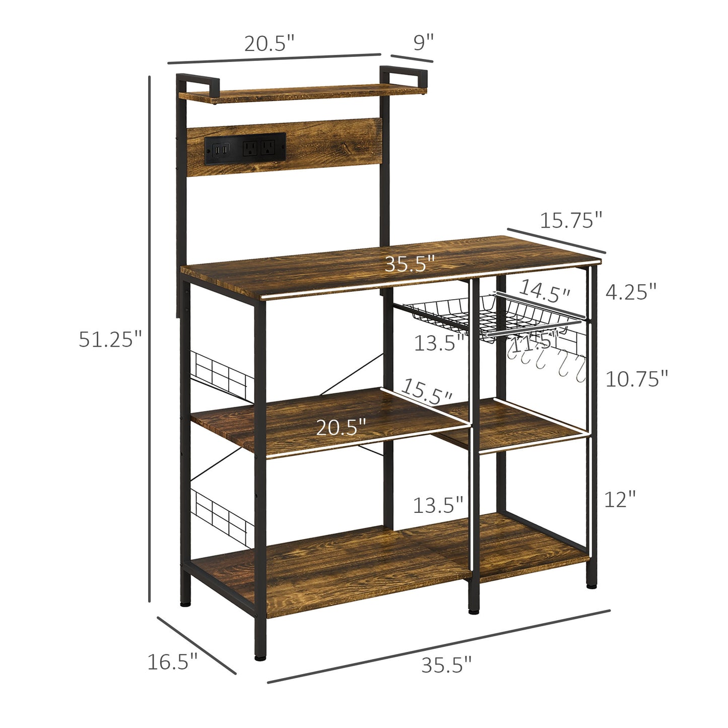 Chic Kitchen Helper: Rustic Bakers Rack with Power Outlet & USB Charger