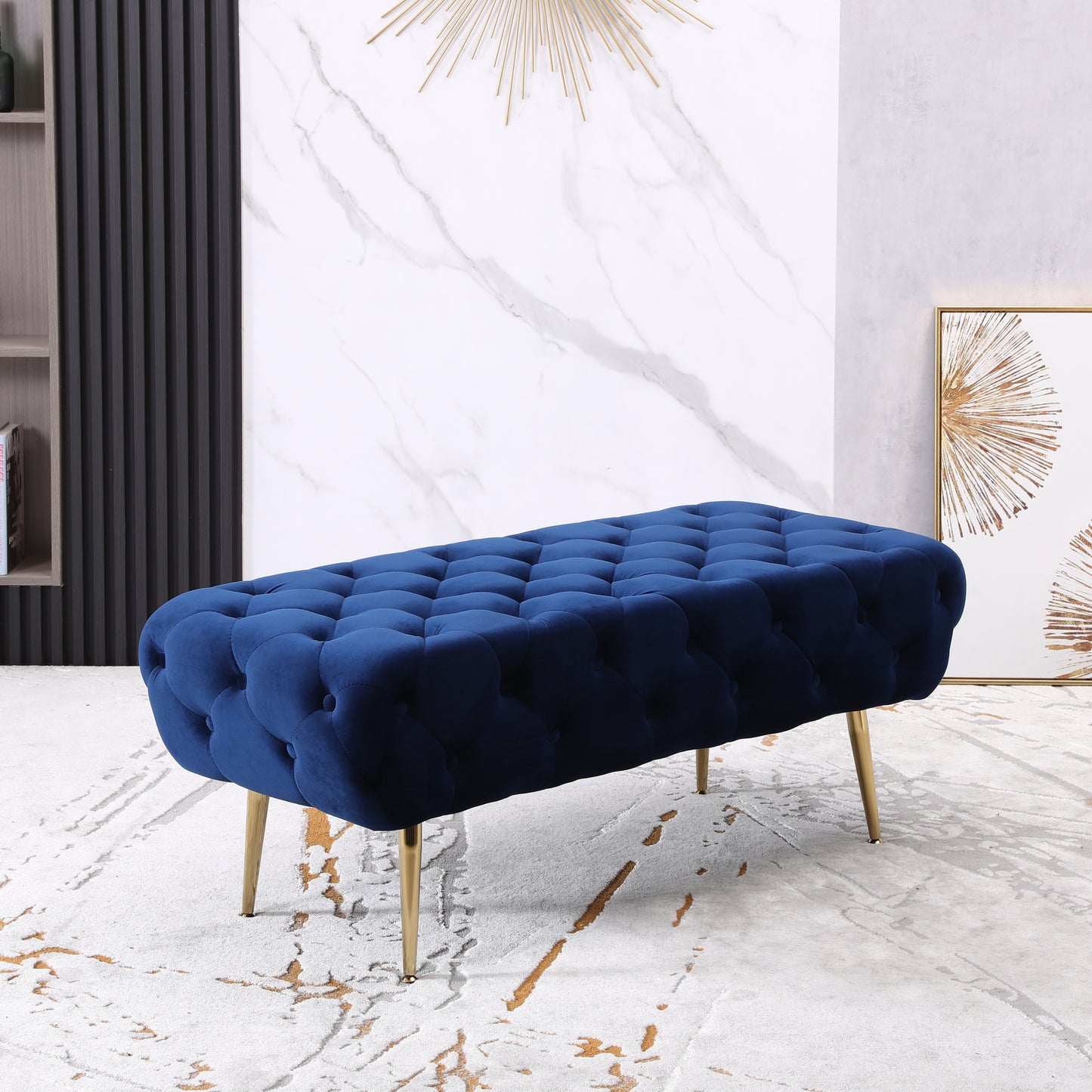 Chic Blue Velvet Bench with Gold Legs