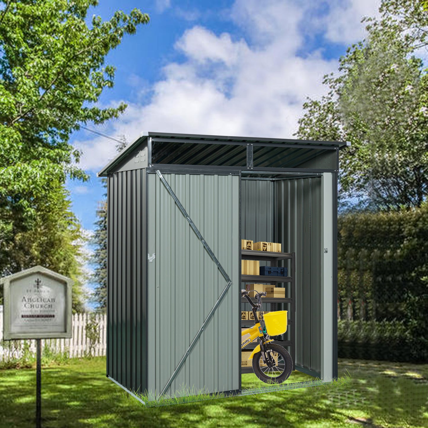 Gray Outdoor Metal Storage Shed with Clear Panels