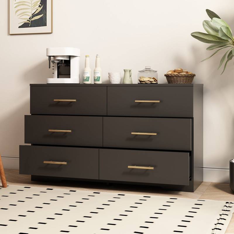 Elegant Black 6-Drawer Dresser with Gold Accents