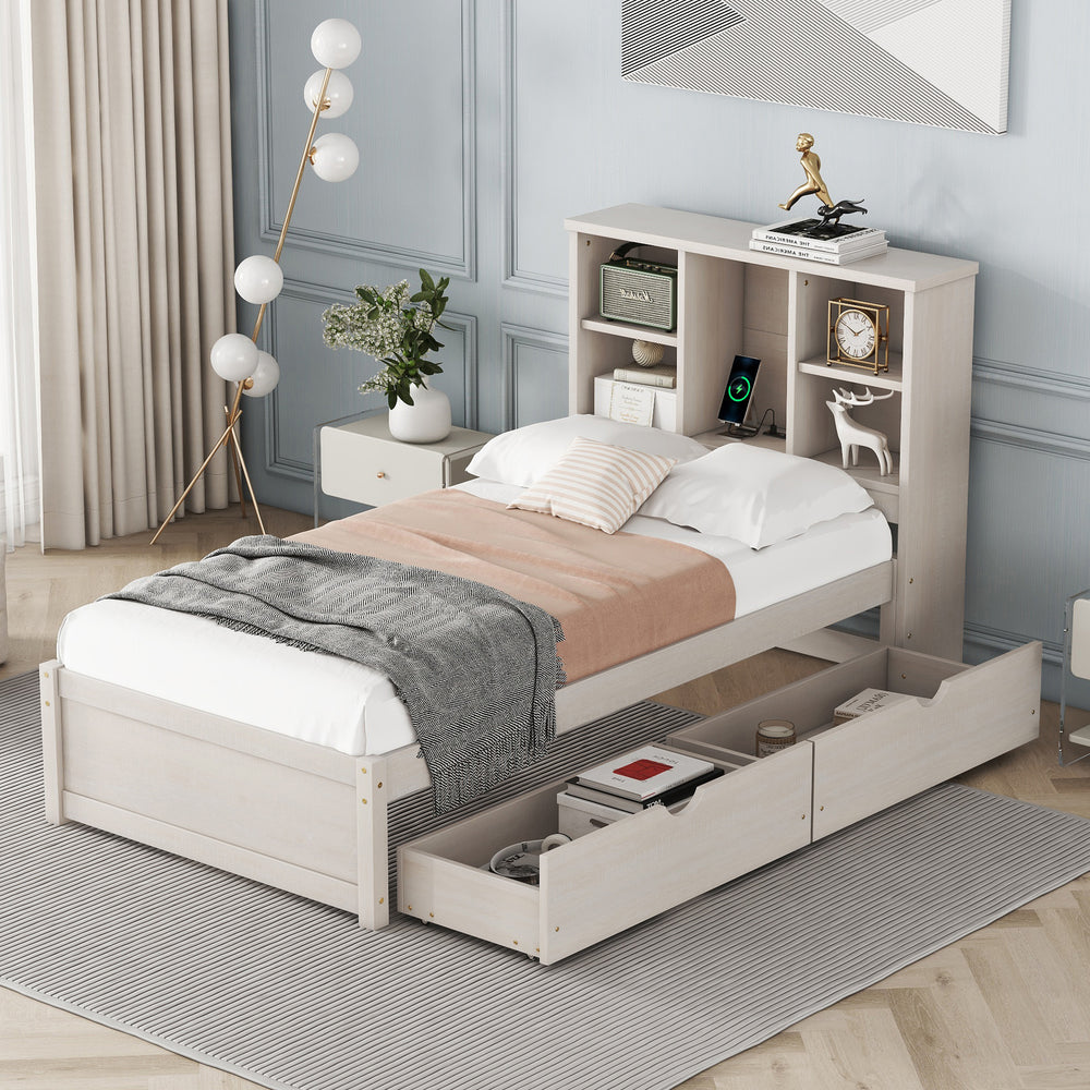 Sleek Twin Bed with USB Charging and Storage Headboard