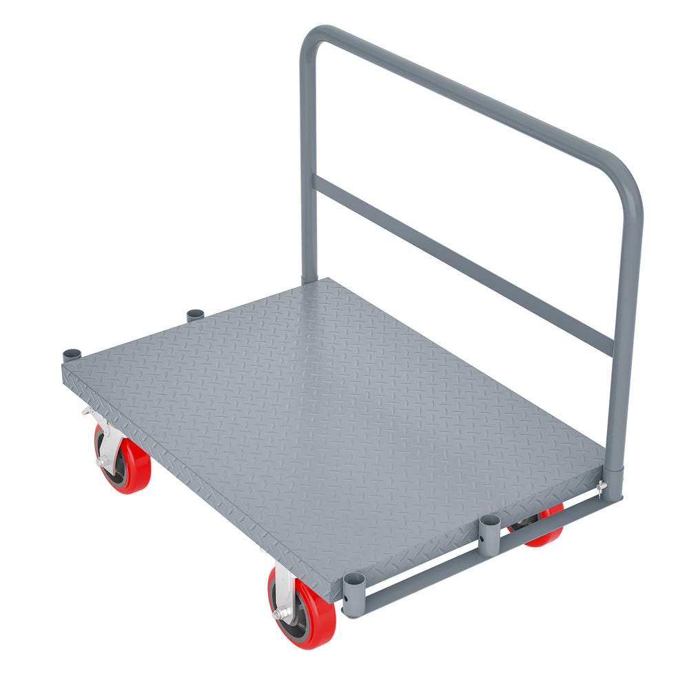 Sturdy Steel Flatbed Cart with Swivel Casters and Handrails