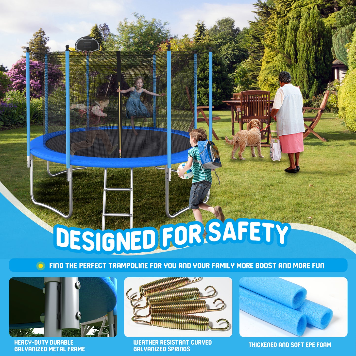 Trampoline Fun Zone with Safety Net and Basketball Hoop