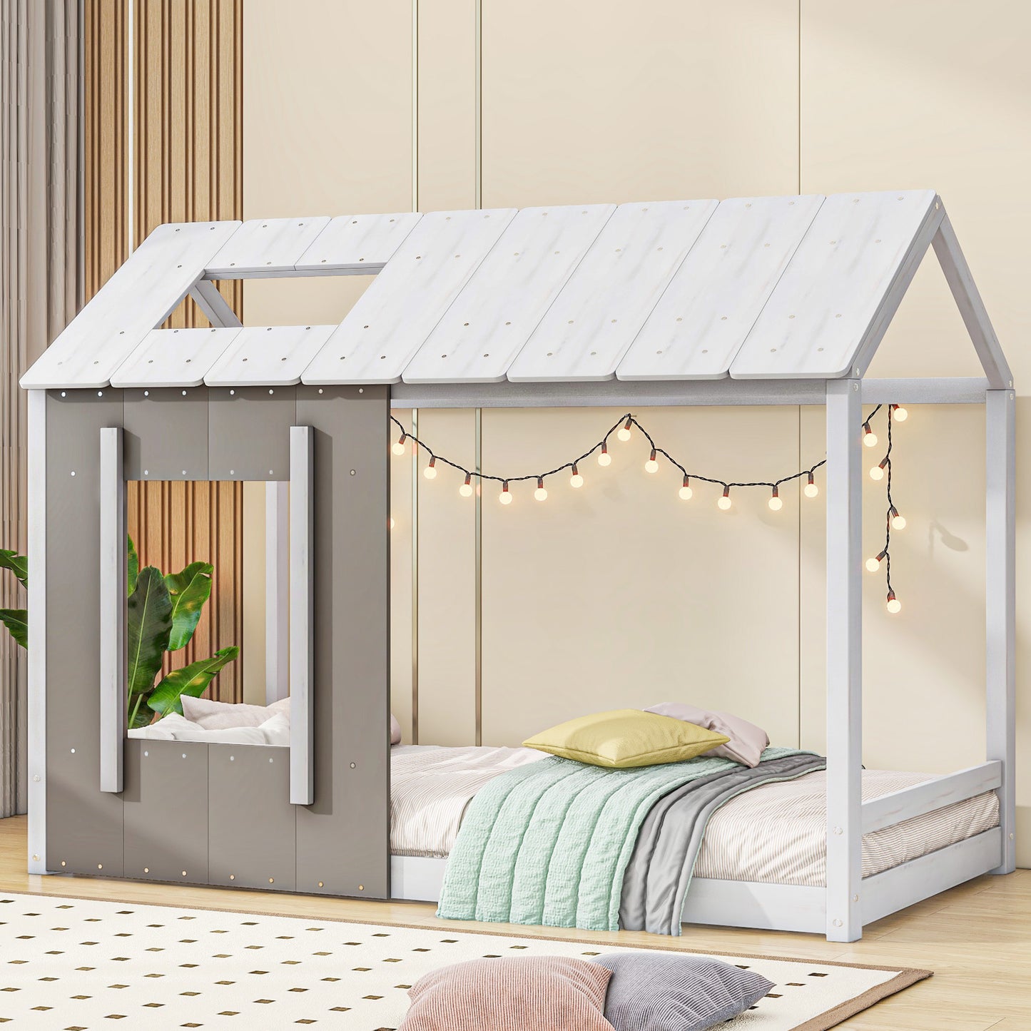 Cozy Twin House Bed with Roof & Window