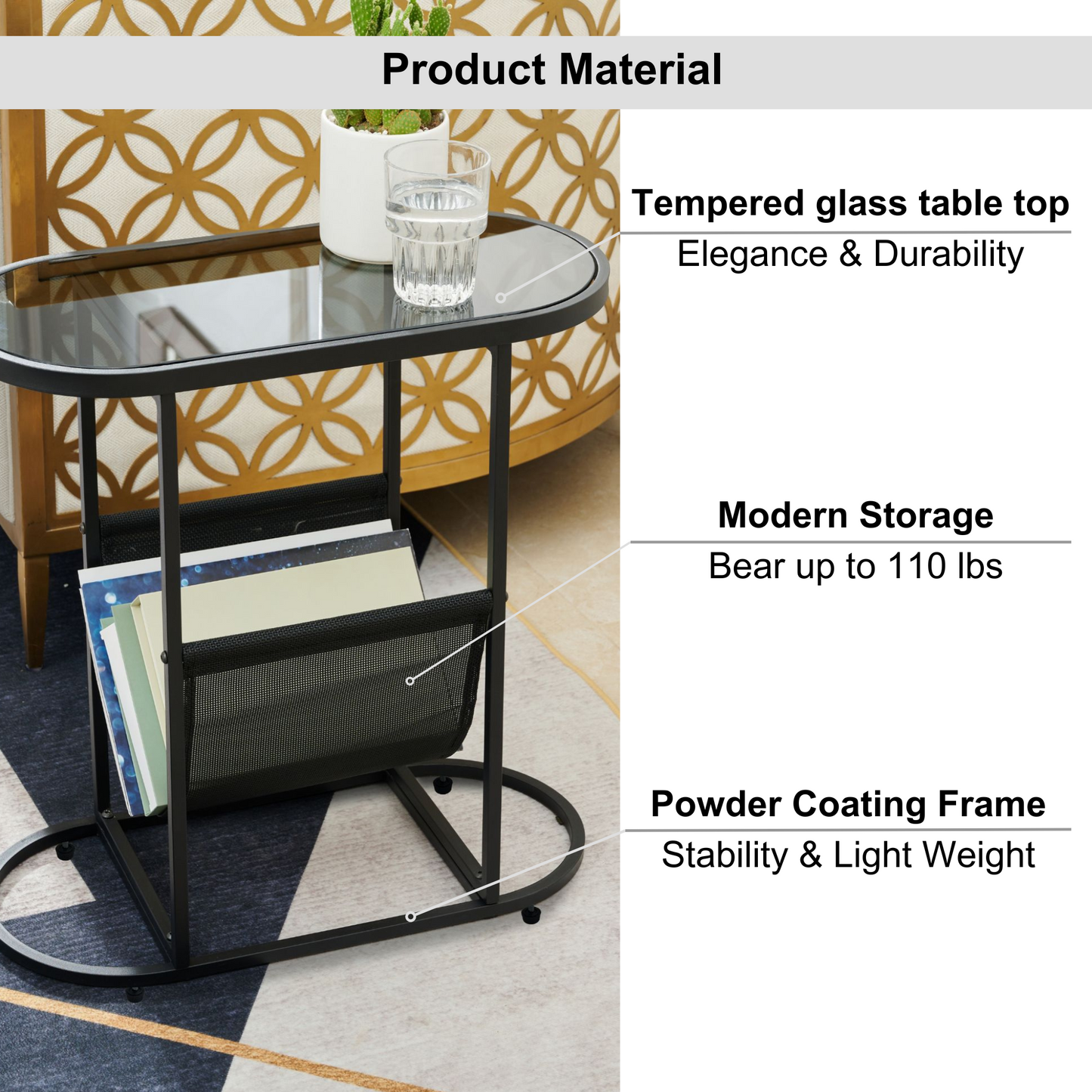 Chic Glass Oval Side Tables with Magazine Storage (Set of 2)