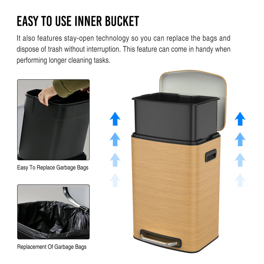 Soft Close Kitchen Trash Can with Wooden Finish