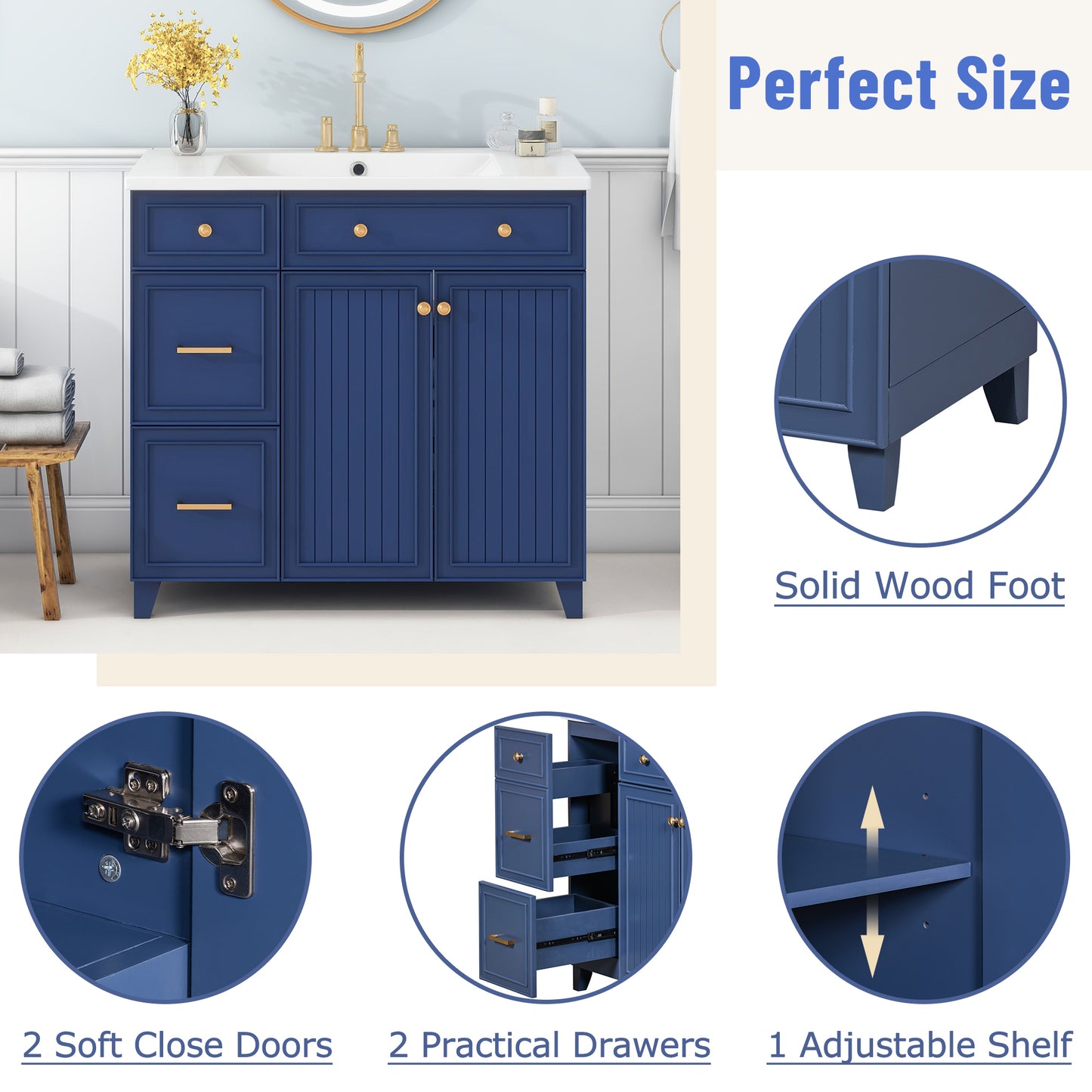 Navy Elegance Bathroom Vanity with Soft-Close Doors and Resin Sink