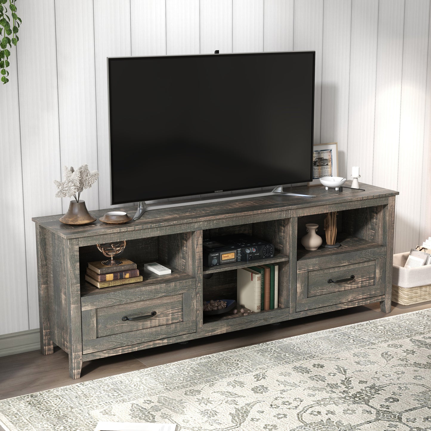 Stylish Black Pine TV Stand with Spacious Storage