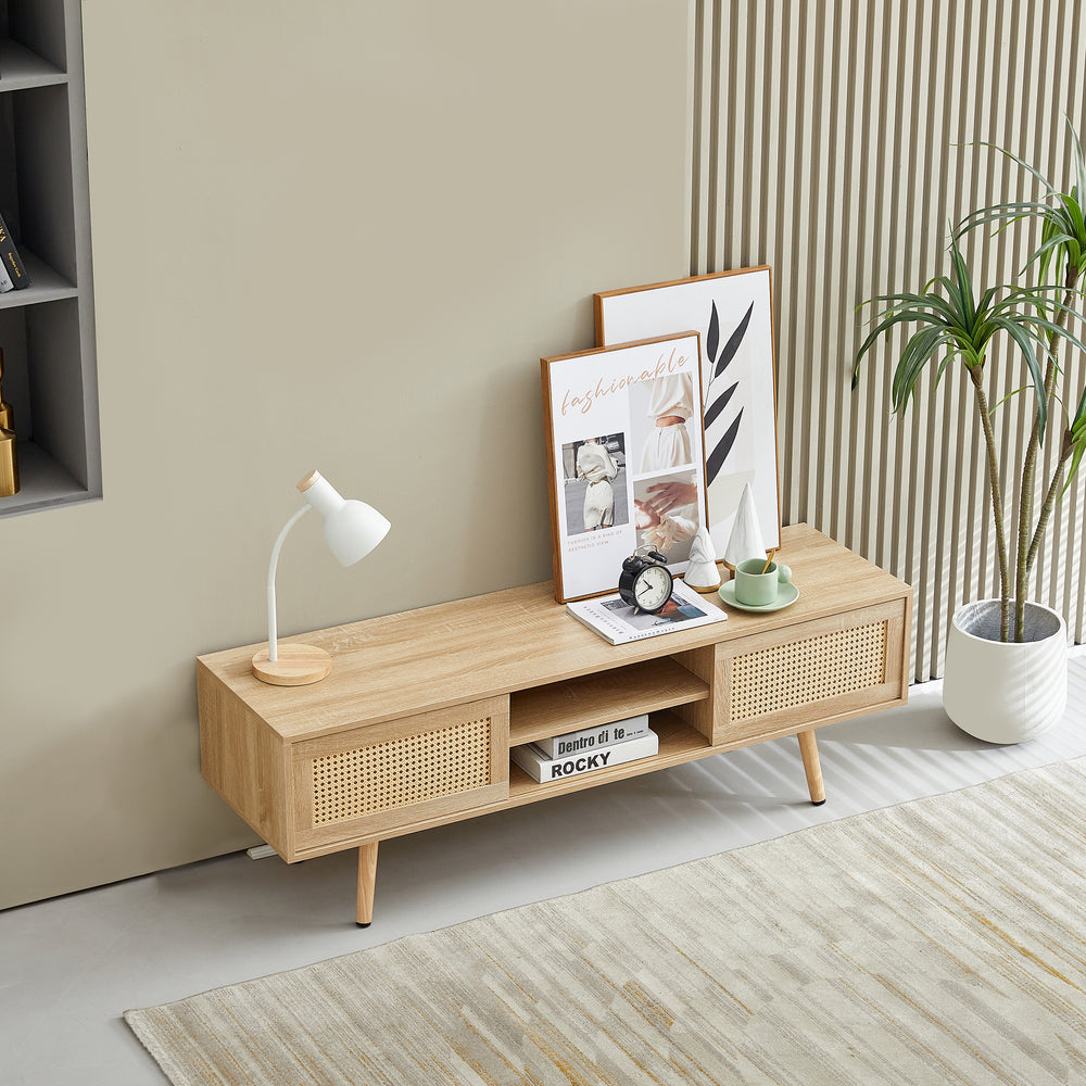 Chic Rattan TV Stand with Sliding Doors