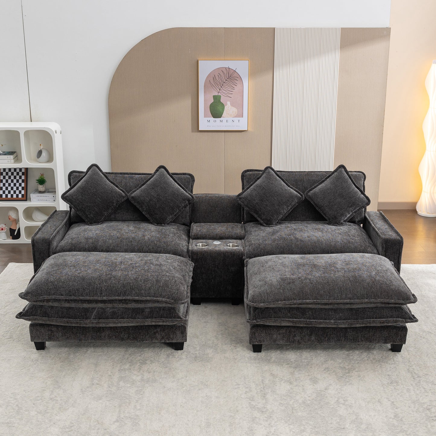 Cozy Black Chenille Sectional Sofa with Ottomans and USB Ports