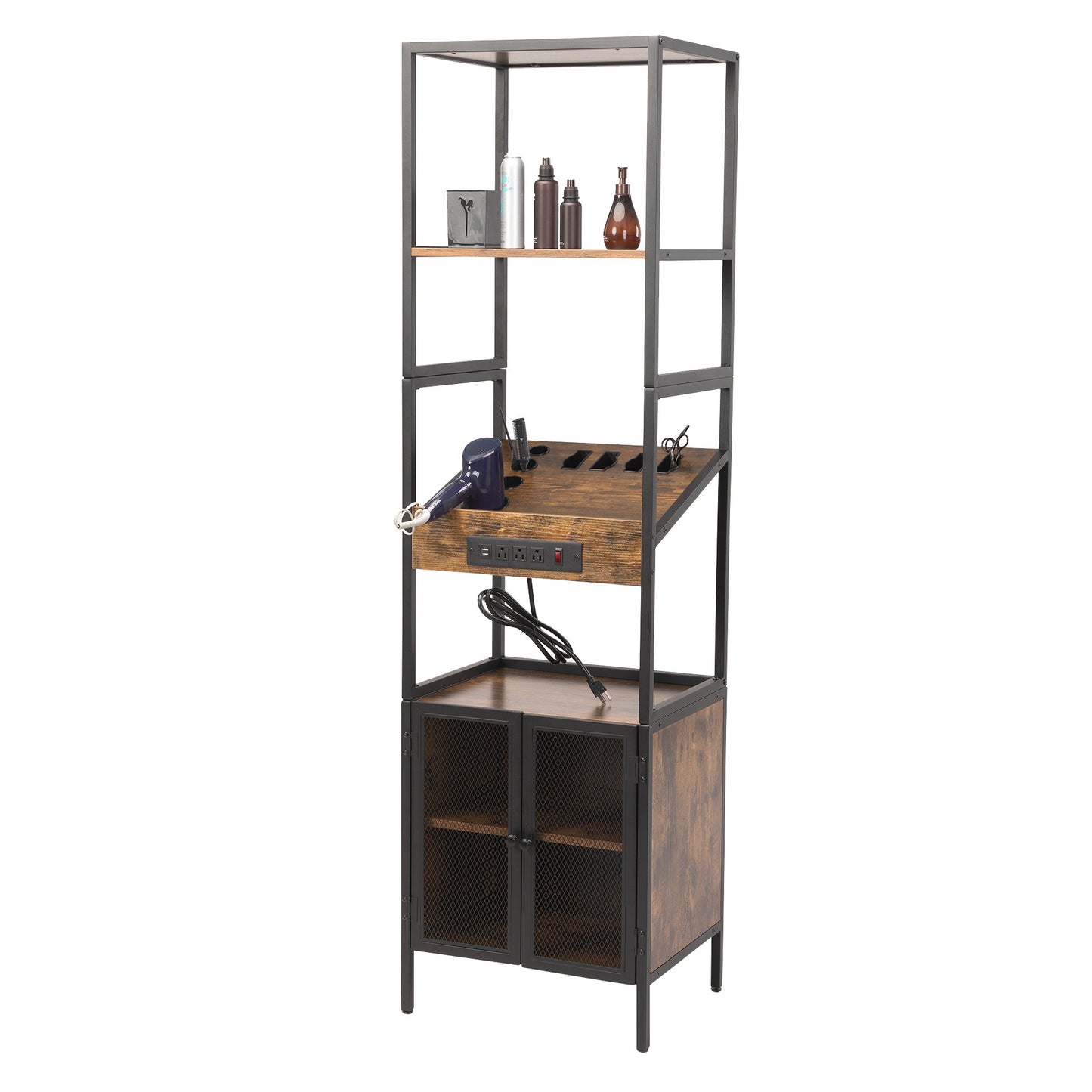 Vintage Hair Salon Storage Cabinet with Open Shelves