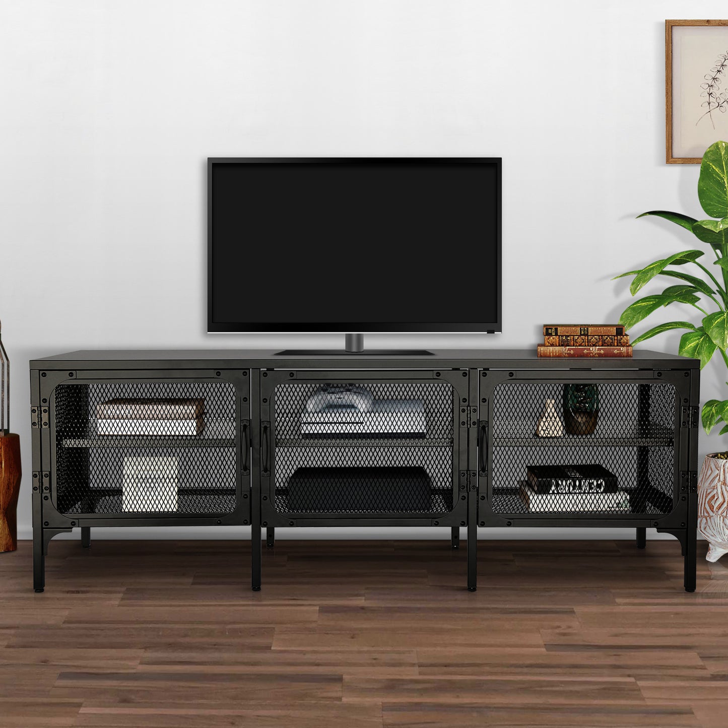 Sleek Metal TV Stand with Stylish Mesh Doors and Ample Storage