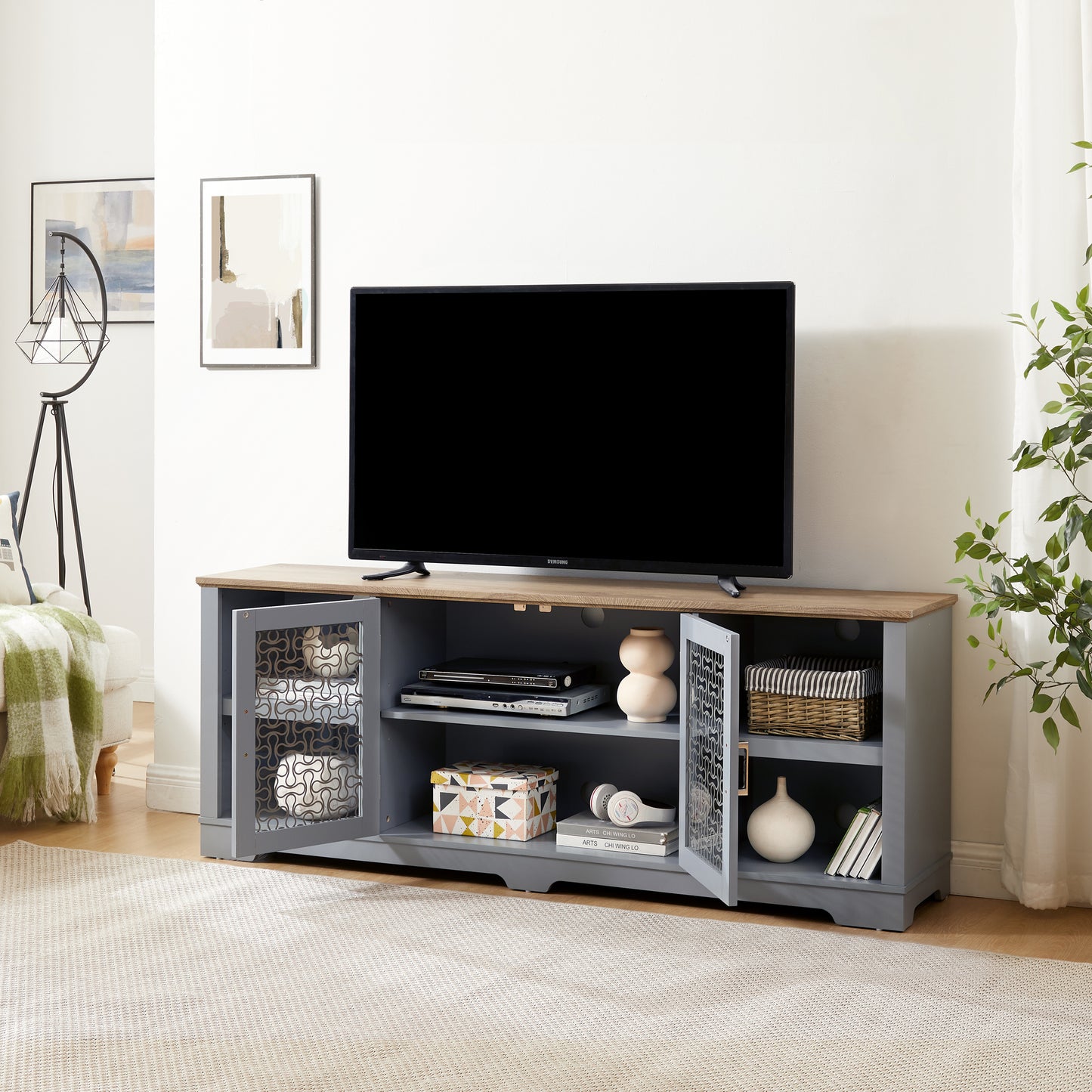 Charming Coastal TV Stand with Glass Doors