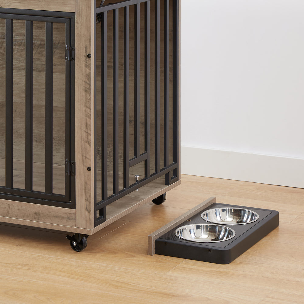 Cozy Retreat Dog Crate Table with Wheels & Feeding Bowls