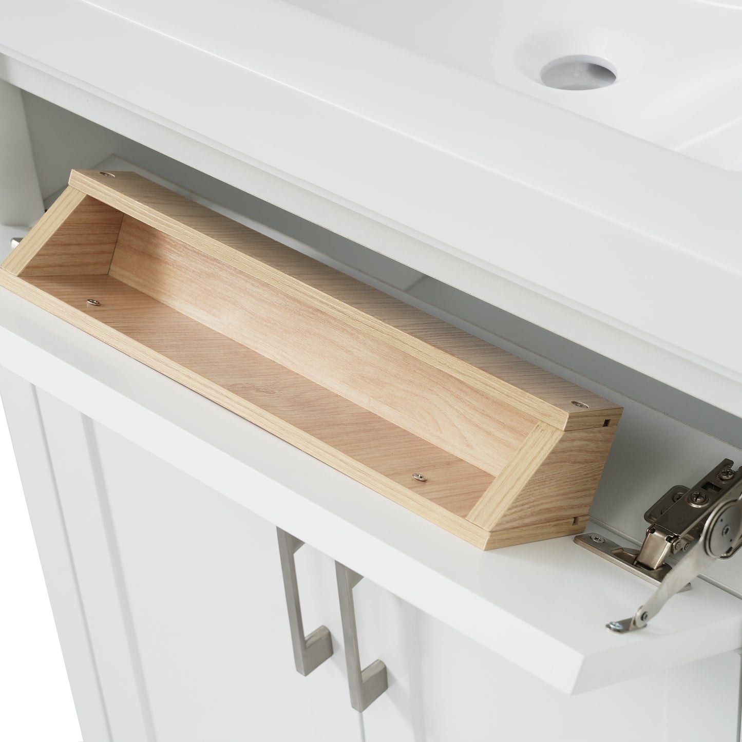 Elegant White Bathroom Vanity with Integrated Sink and Ample Storage