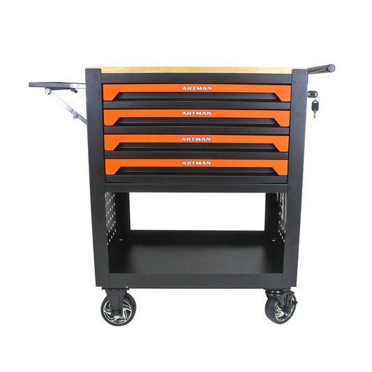 Orange Multi-Use Tool Cart with Wheels and Wooden Top