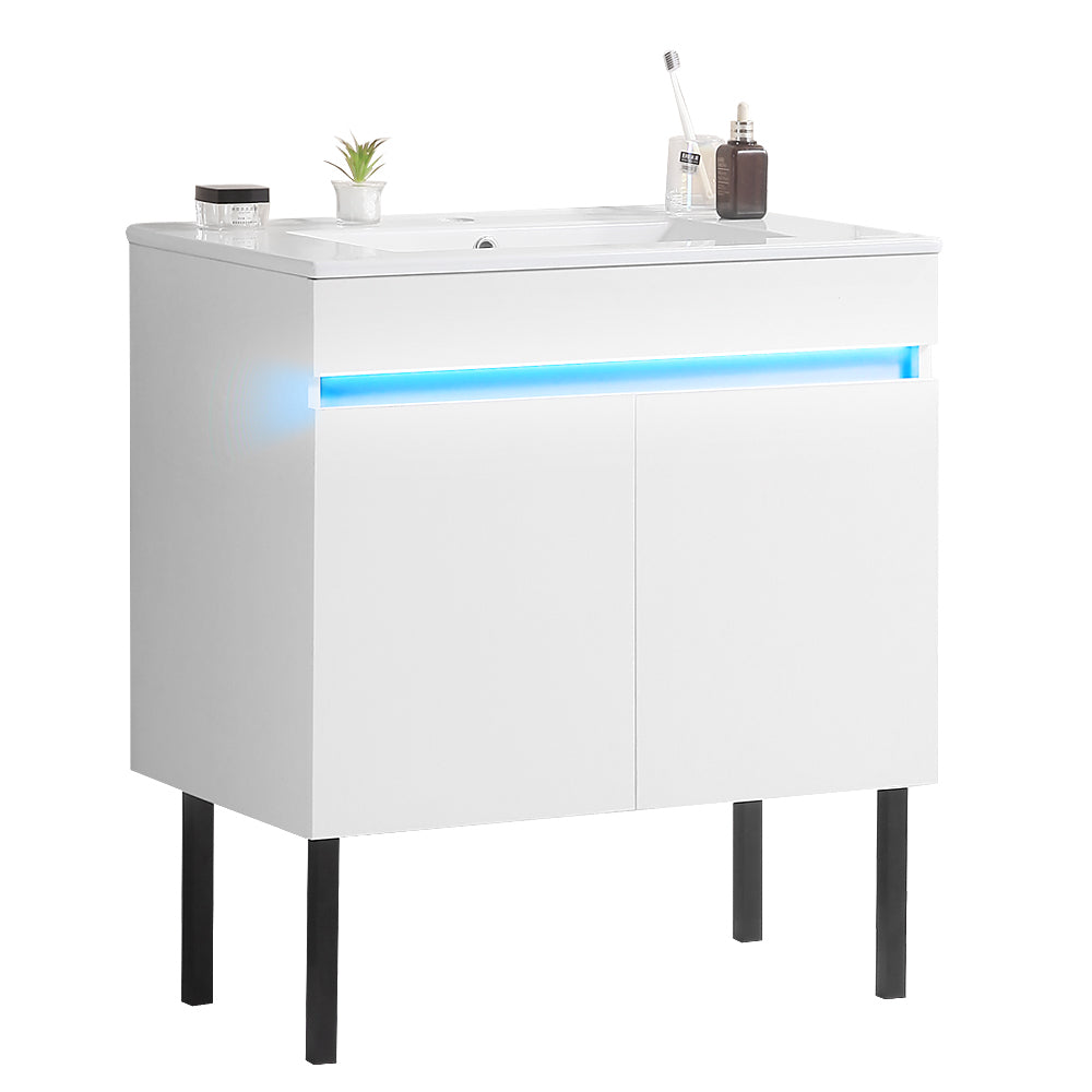 Sleek White Wall-Mounted Vanity with Sensor Light & Ample Storage