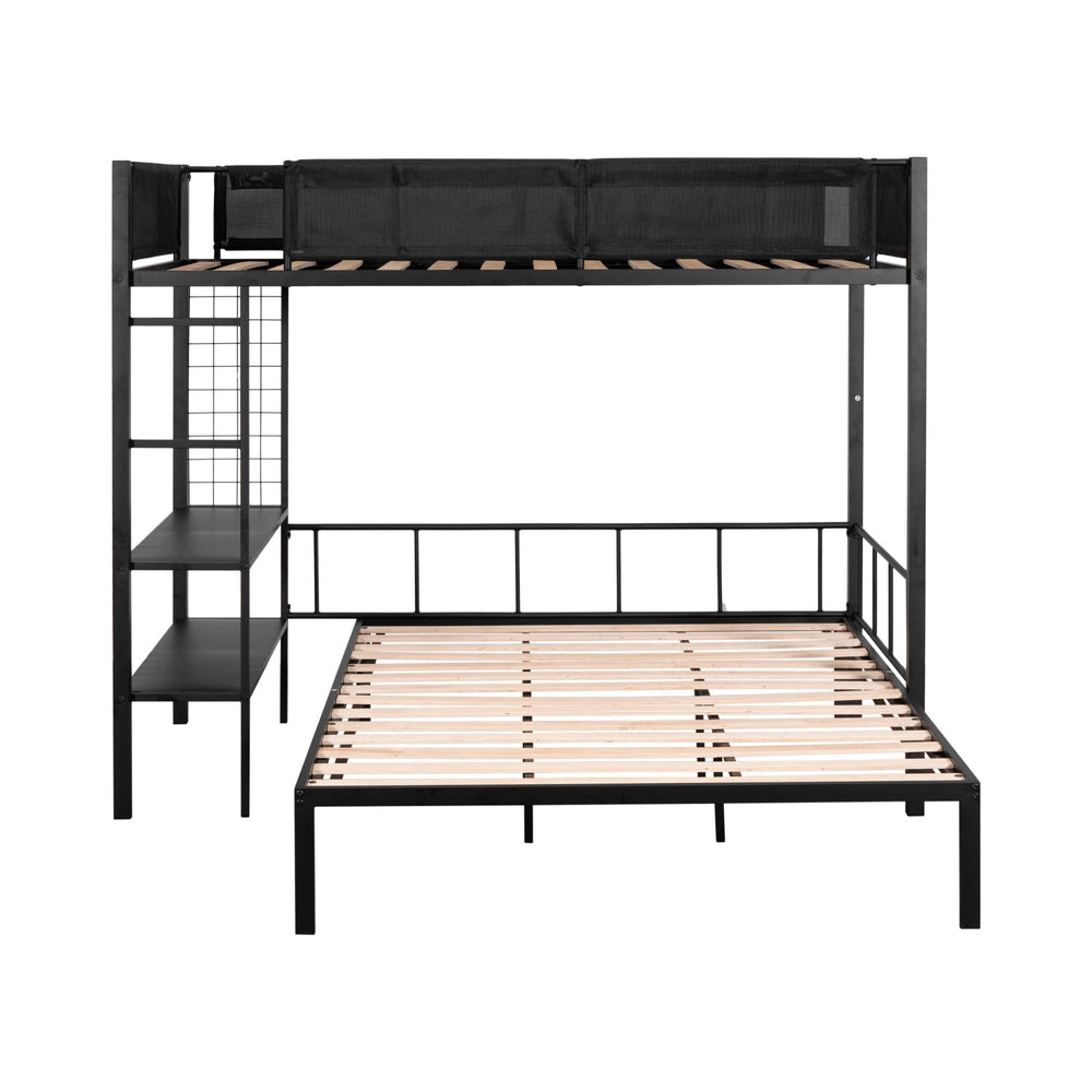 Cozy Metal Bunk Bed with Shelves & Guardrails