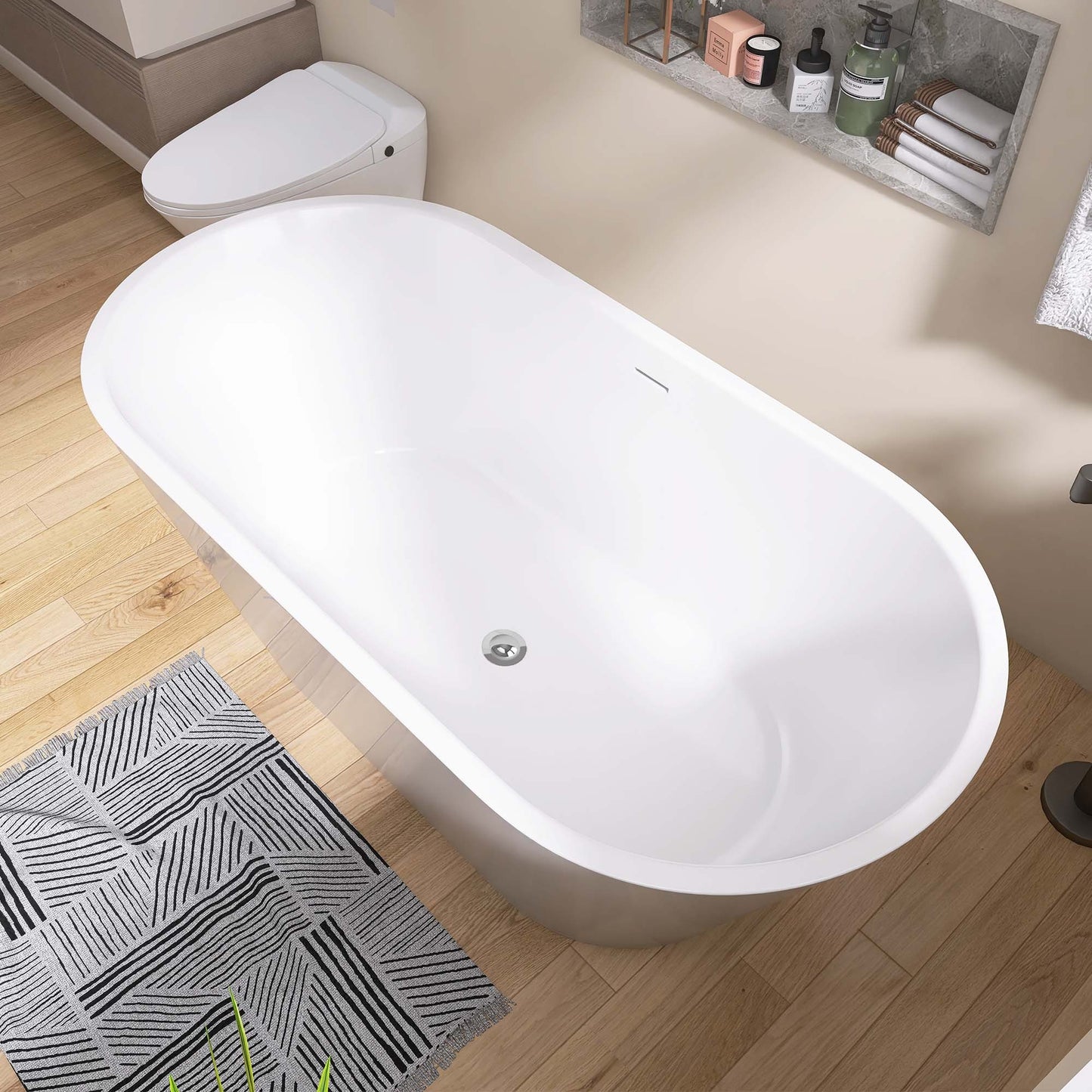 Sleek Oval Freestanding Soaking Tub - Modern Comfort with Chrome Drain