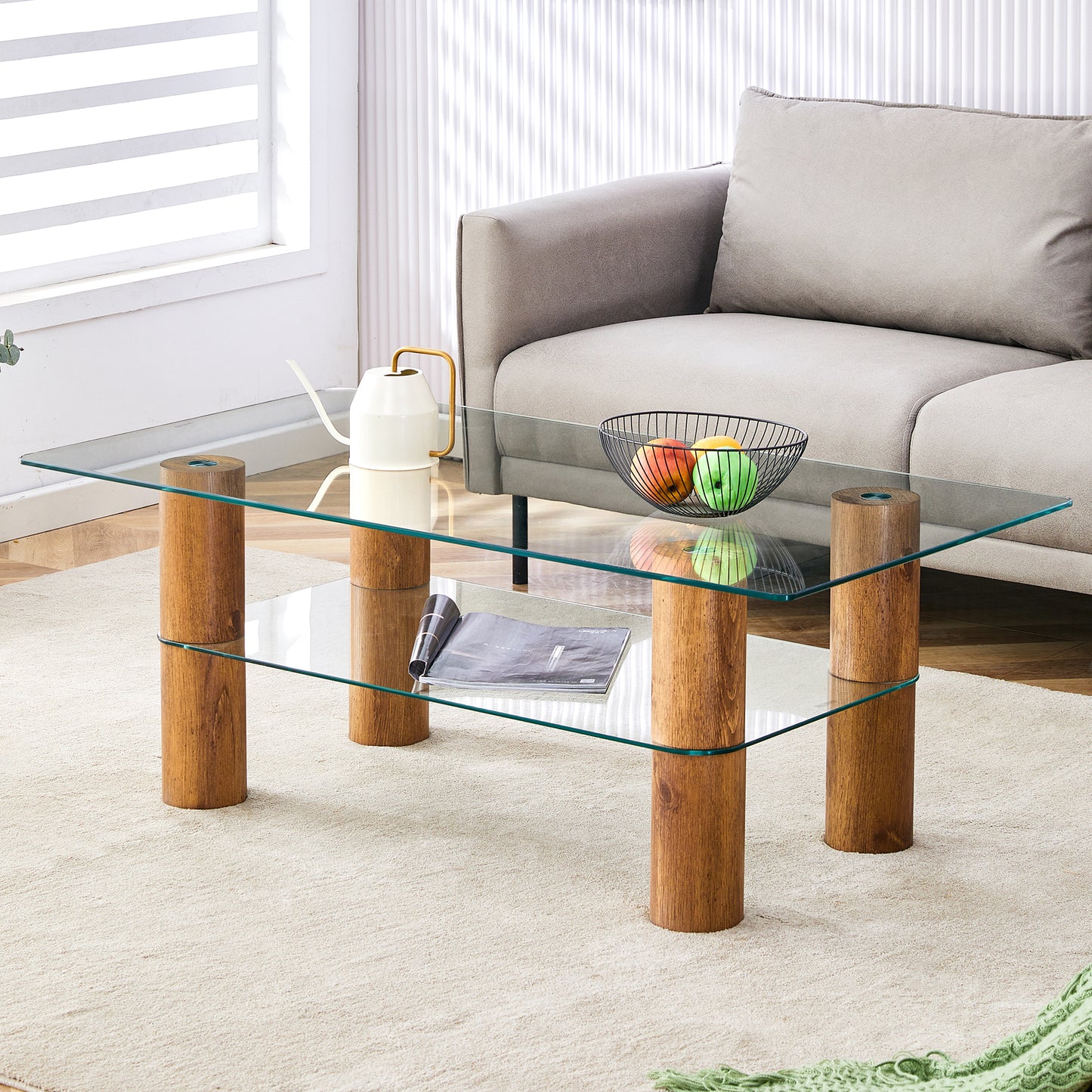 Sleek Dual-Layer Glass Coffee Table with Wooden Accents