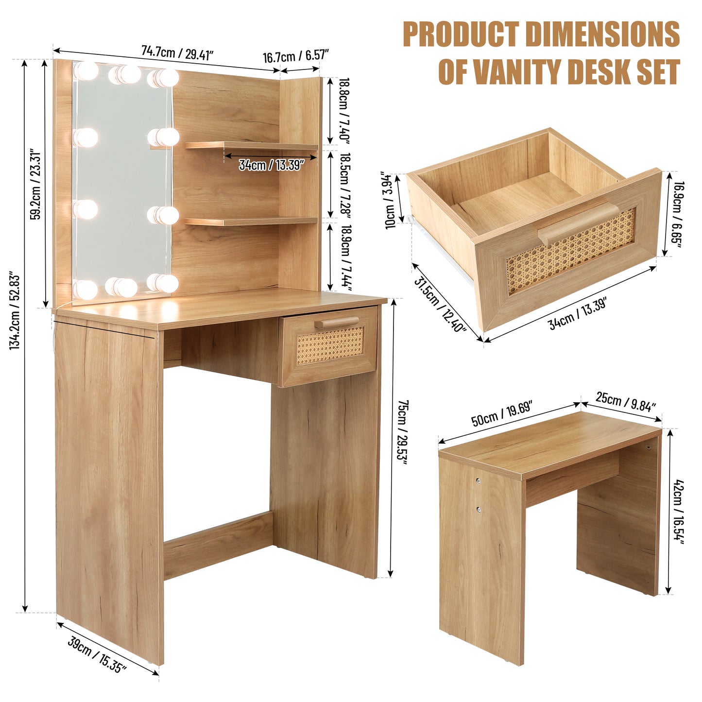 Radiant Vanity Set with Stool and LED Mirror