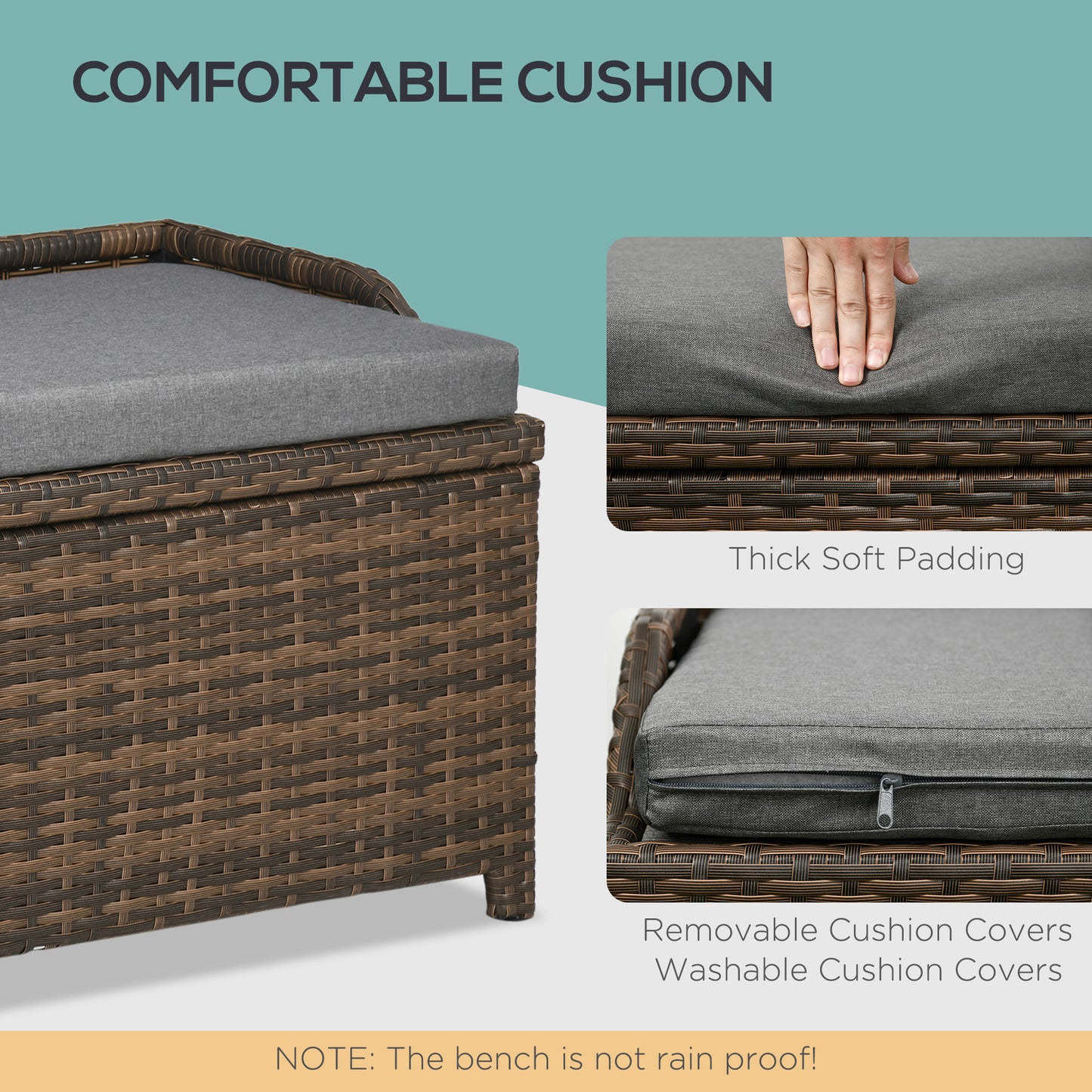 Gray Wicker Patio Storage Bench with Cushion