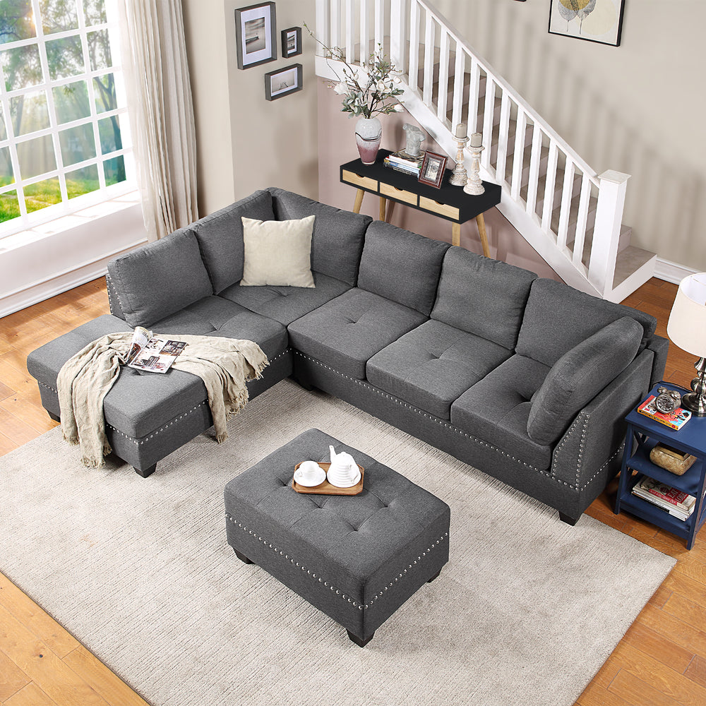 Cozy Gray Reversible Sectional Sofa with Storage Ottoman