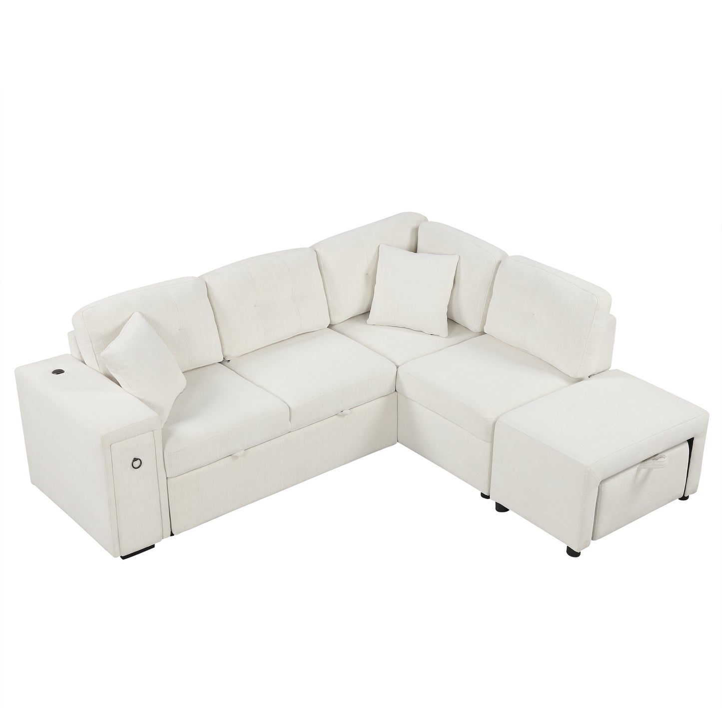 Haven L-Shaped Sofa Bed with Ottoman & USB Ports - Beige