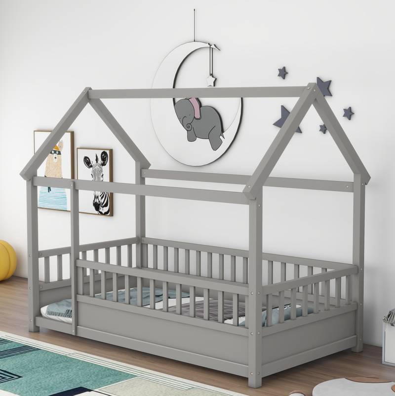 Cozy House-Style Twin Bed with Fenced Guardrails