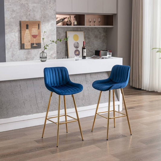 Chic Blue Velvet Bar Stools with Chrome and Gold Accents