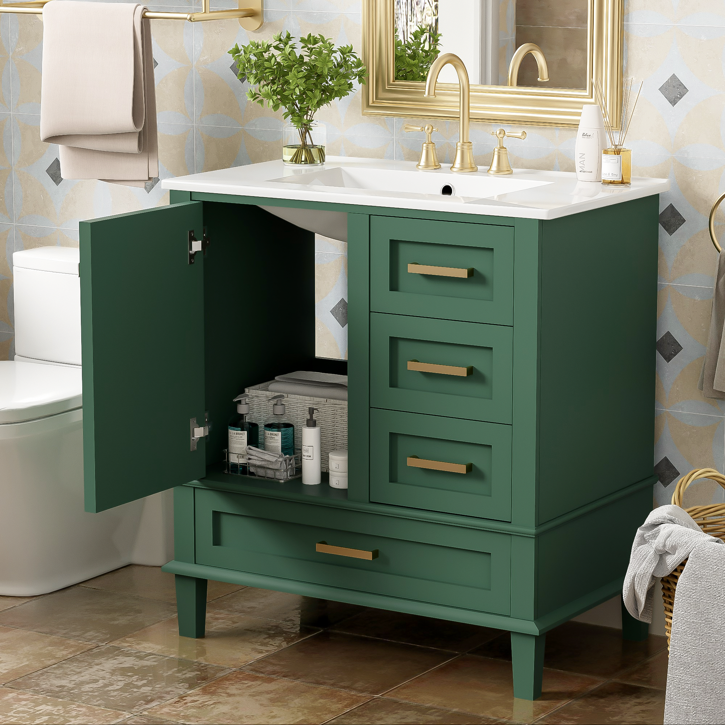 Chic Green Bathroom Vanity with Sink and Soft-Close Drawers