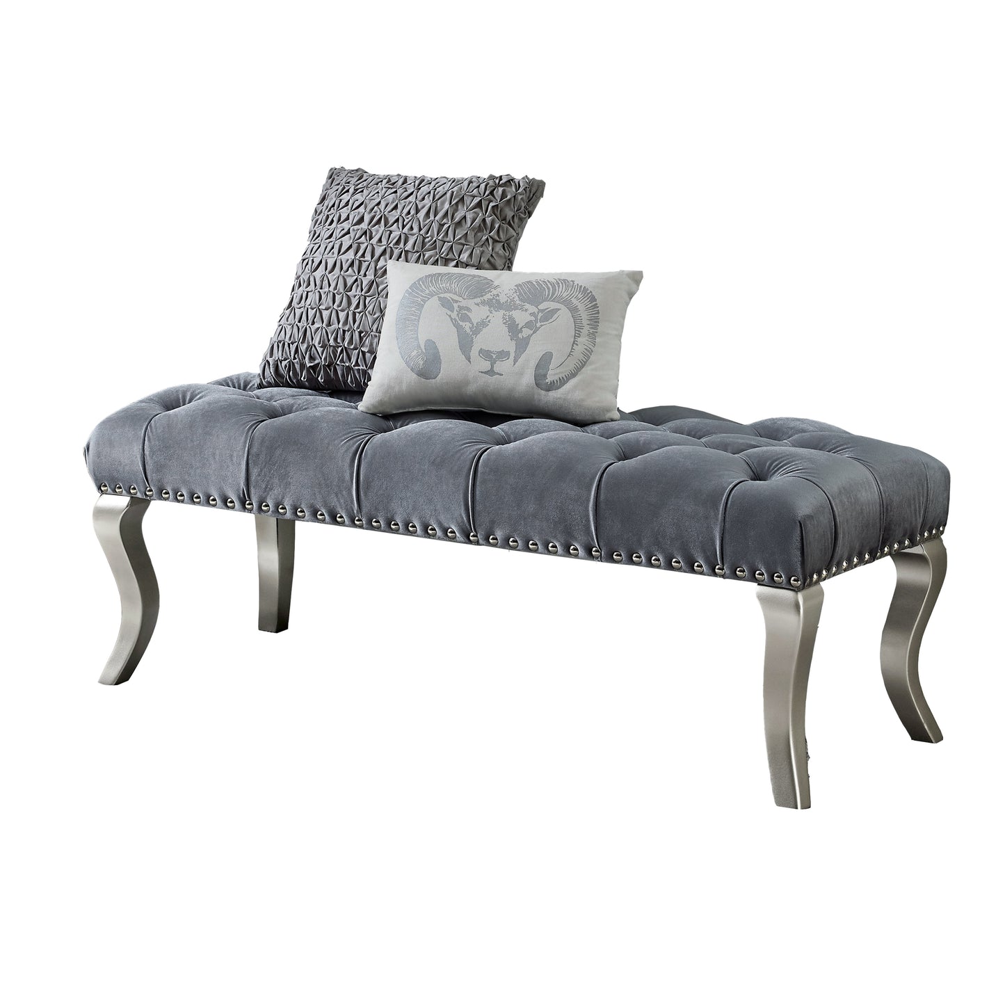 Chic Gray Tufted Bench with Nailhead Accent