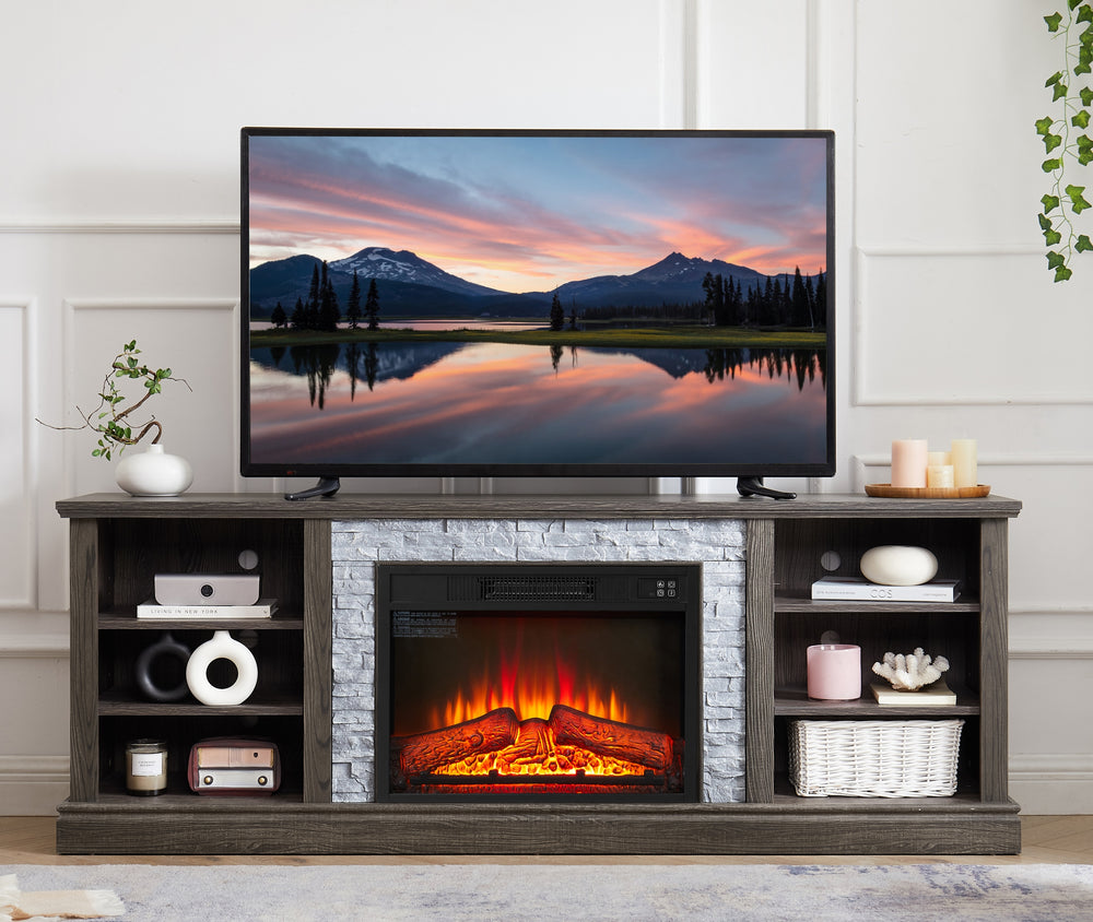 Cozy Cherry TV Stand with Faux Stone and Fireplace