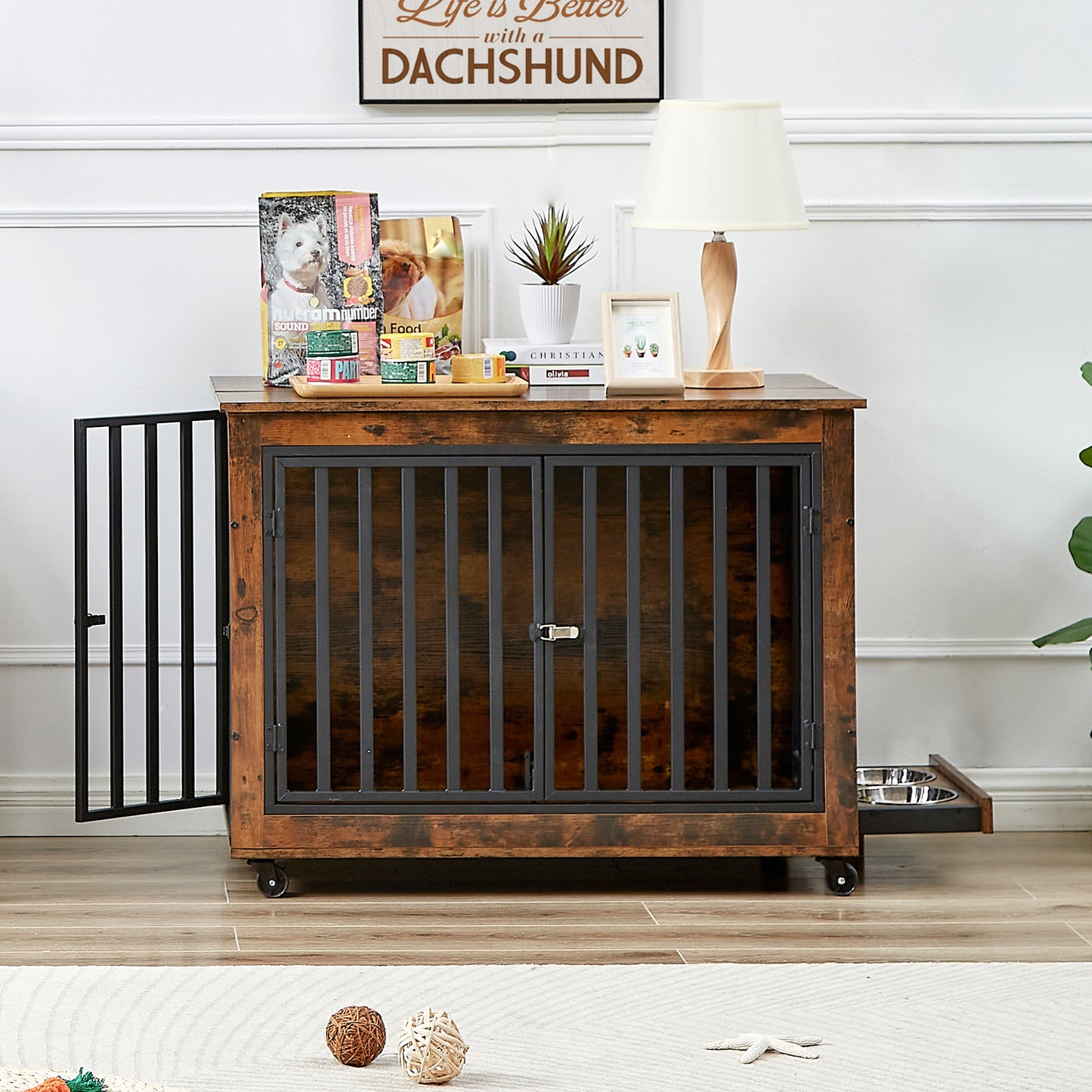 Rustic Dog Crate Side Table with Wheels and Feeding Bowl