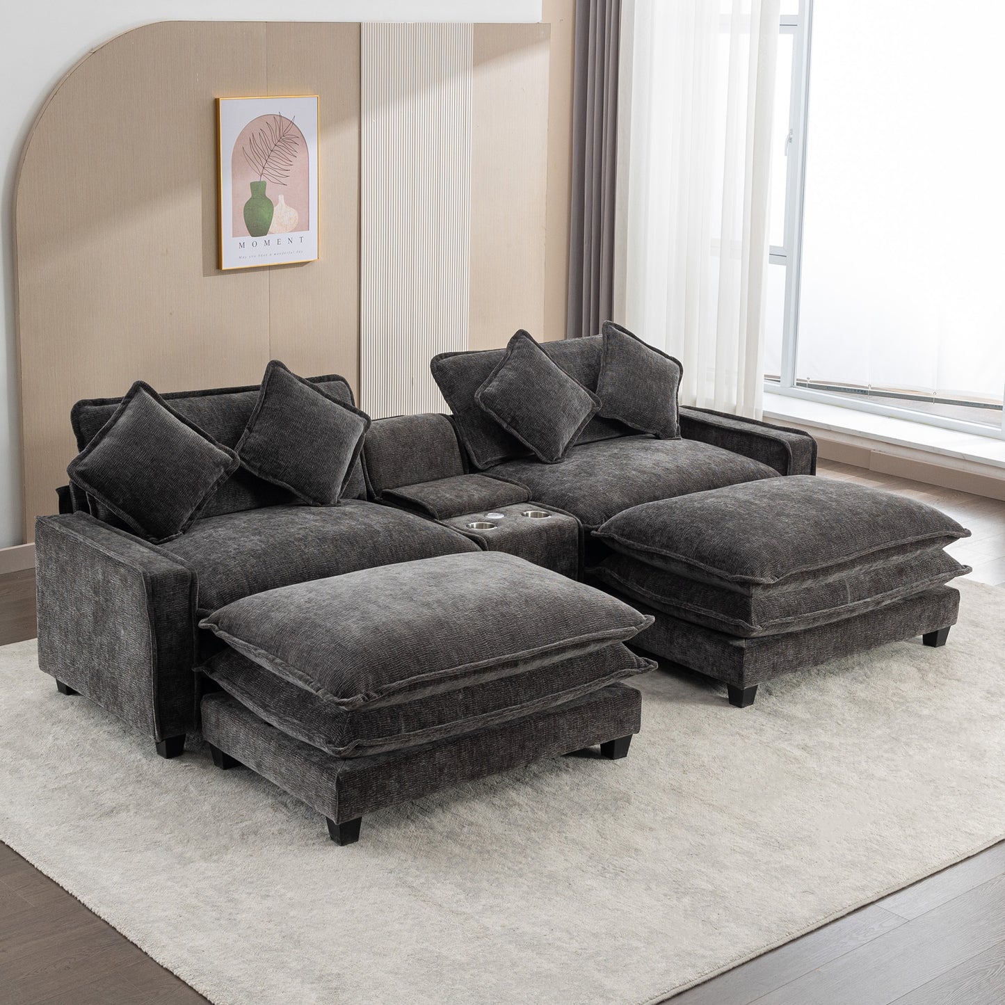 Cozy Black Chenille Sectional Sofa with Ottomans and USB Ports