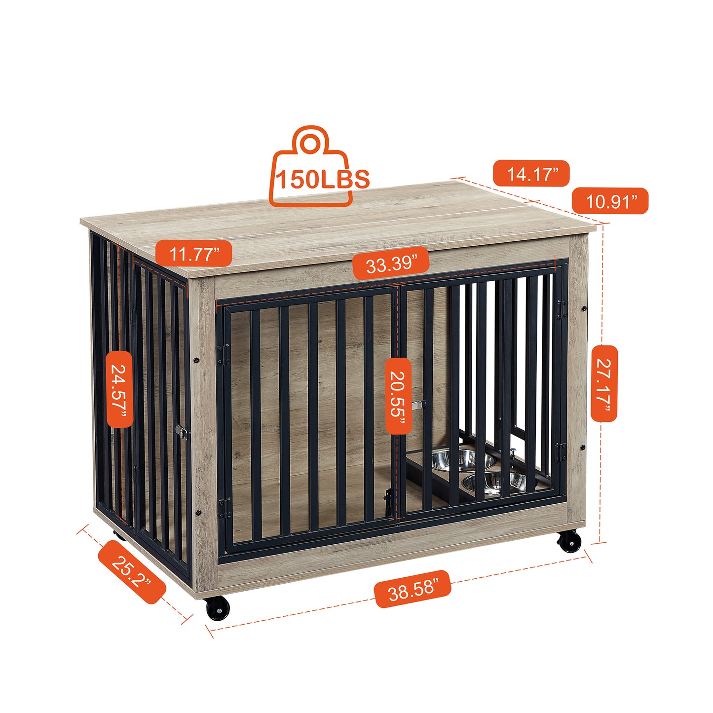 Chic Dog Crate Table with Feeding Bowl & Wheels