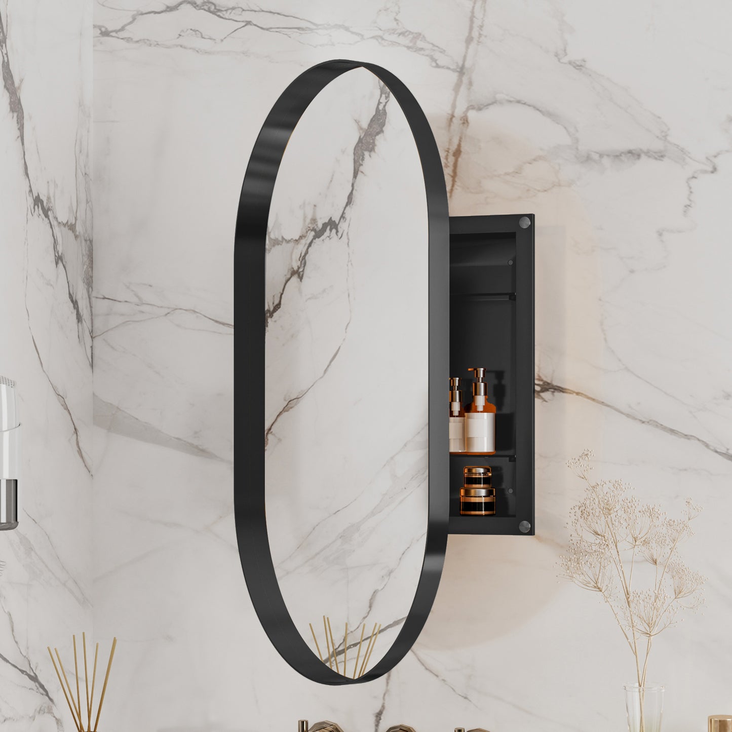 Sleek Oval Mirror Medicine Cabinet with Adjustable Shelves