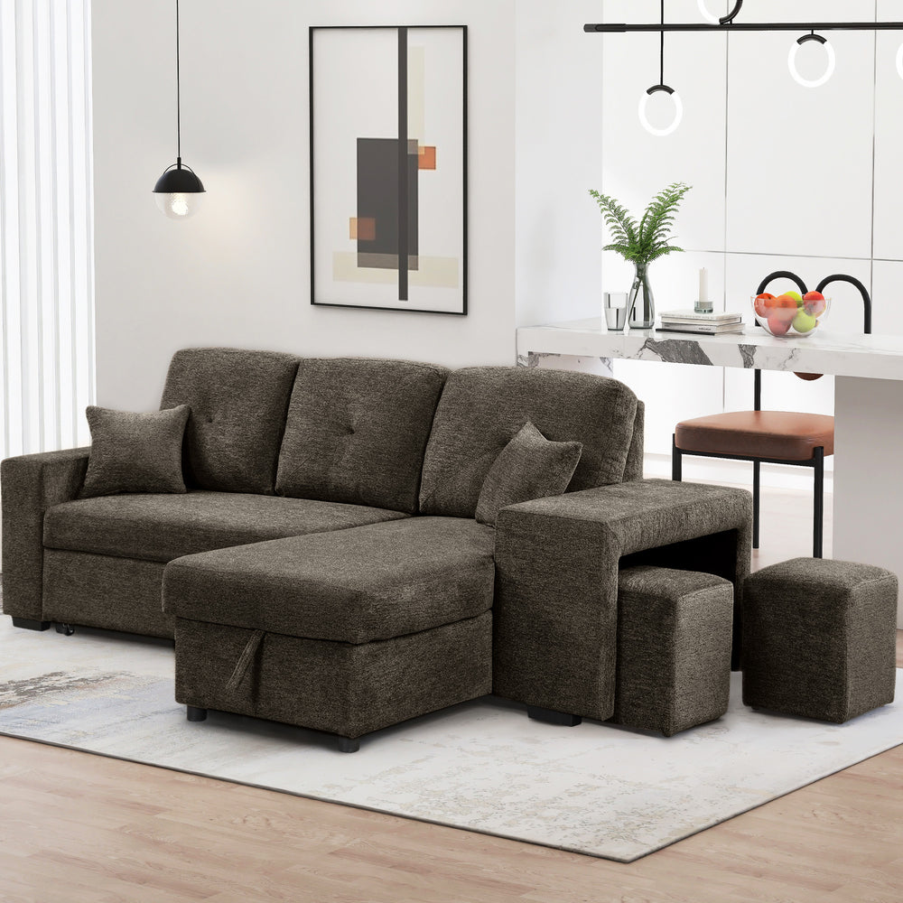 Knox Charcoal Reversible Sleeper Sofa with Stools and Storage