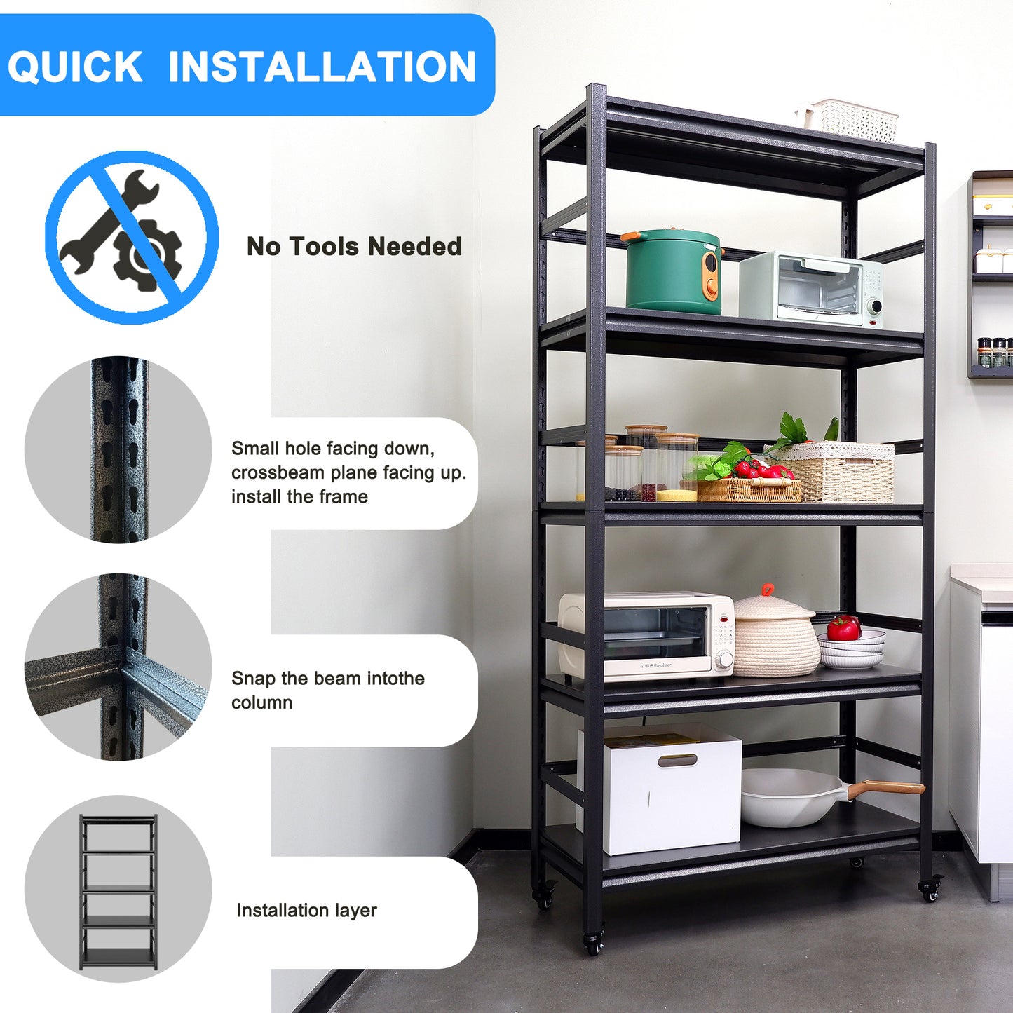 Sturdy Rolling 5-Tier Metal Shelving Unit - Perfect for Kitchen & Garage