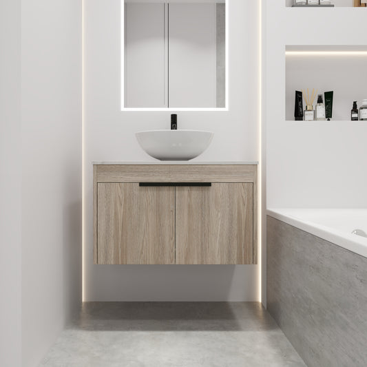 Sleek Oak Wall-Mounted Float Vanity with Ceramic Basin